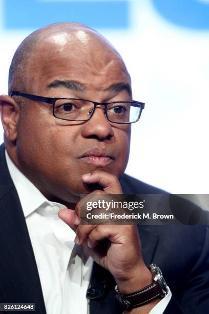 Primtetime Host Mike Tirico of ''The Winter Olympics' panel speaks onstage during the NBCUniversal portion of the 2017 Summer Television Critics...