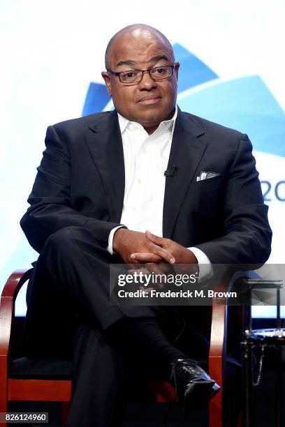Primtetime Host Mike Tirico of ''The Winter Olympics' panel speaks onstage during the NBCUniversal portion of the 2017 Summer Television Critics...