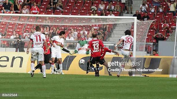 Mario Gomez of Stuttgart scores during the Bundesliga match between VfB Stuttgart and Hannover 96 at the Mercedes-Benz Arena on August 31, 2008 in...