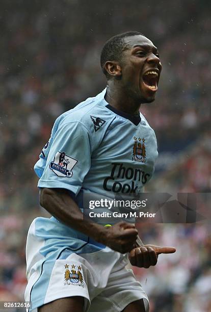 Shaun Wright-Phillips of Manchester City celebrates scoring his first goal during the Barclays Premier League match between Sunderland and Manchester...