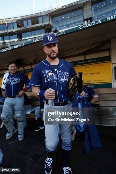 Trevor Plouffe of the Tampa Bay Rays stands in the dugout prior to the game against the Oakland Athletics at the Oakland Alameda Coliseum on July 17,...