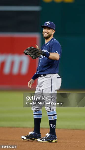 Trevor Plouffe of the Tampa Bay Rays stands on the field during the game against the Oakland Athletics at the Oakland Alameda Coliseum on July 17,...