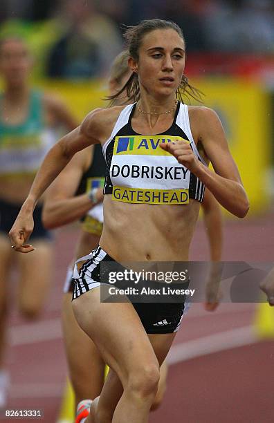 Lisa Dobriskey of Great Britain wins the Women's 1500 Metres during the Aviva British Grand Prix held at Gateshead International Stadium on August...