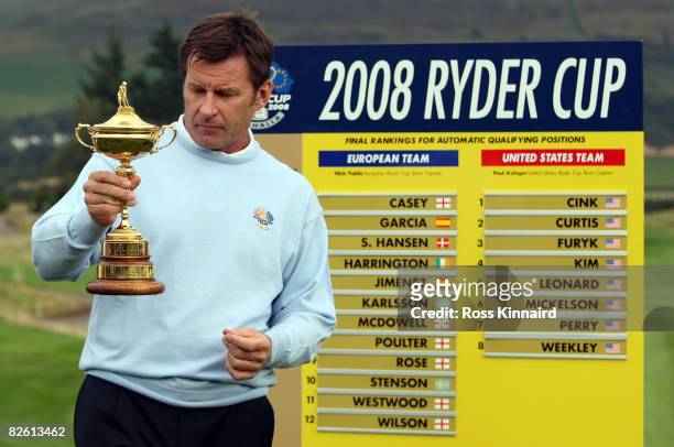 Nick Faldo pictured with the Ryder Cup and the names of his team for the 2008 Ryder Cup, The Johnnie Walker Championship at Gleneagles on August 31,...