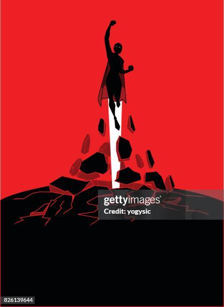 vector silhouette female superhero flying upward free out of a shpere - red cape stock illustrations