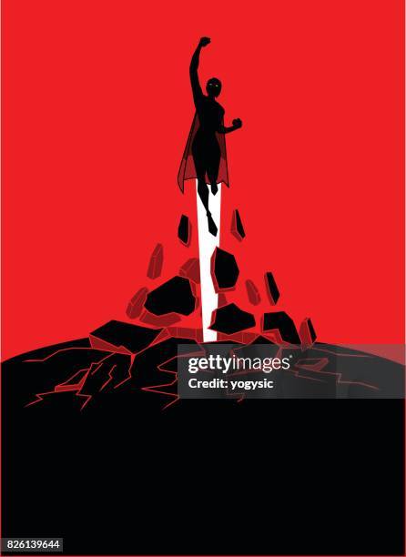 vector silhouette female superhero flying upward free out of a shpere - female rising stock illustrations