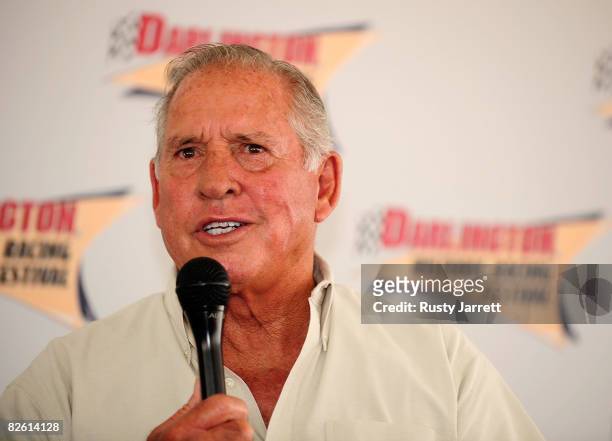 Driver David Pearson, the silver fox, does a Q&A with fans during the Darlington Vintage Racing Festival at Darlington Raceway on August 31, 2008 in...