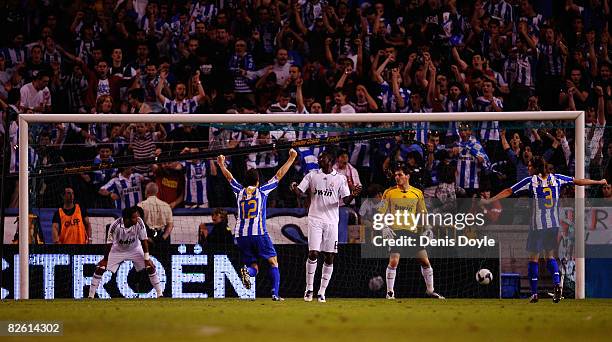 Deportivo La Coruna score their second goal during the La Liga match between Deportivo La Coruna and Real Madrid at the Riazor stadium on August 31,...