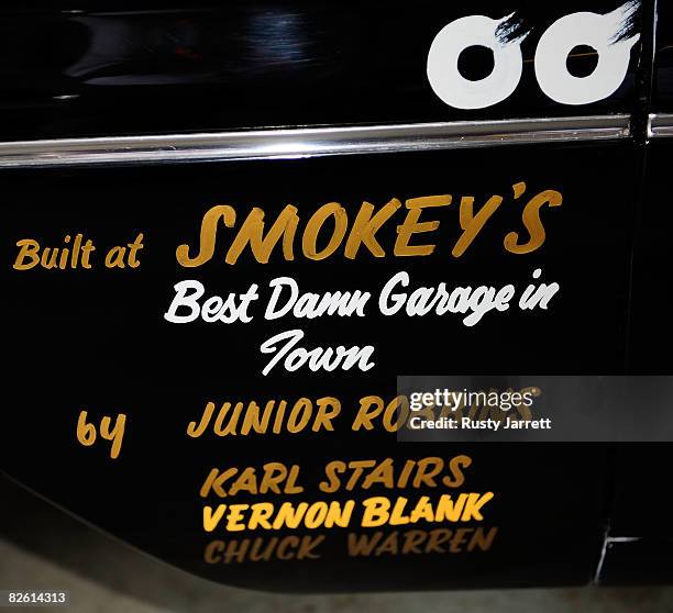 The side of an early model stock car driven by Marvin Panch in the garage area during the Darlington Vintage Racing Festival at Darlington Raceway on...