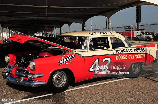 Vintage stock car with the Lee Petty number 42 on display in the garage area during the Darlington Vintage Racing Festival at Darlington Raceway on...