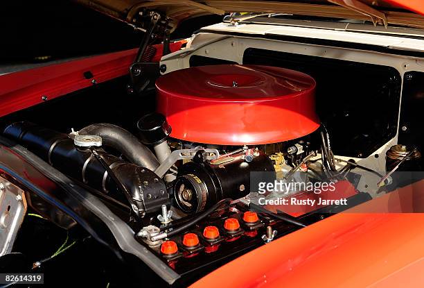 The engine of a vintage stock car on display in the garage area during the Darlington Vintage Racing Festival at Darlington Raceway on August 31,...