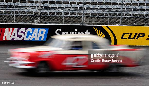 Vintage stock car drives down the front straight during the Darlington Vintage Racing Festival at Darlington Raceway on August 31, 2008 in...