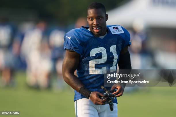 Indianapolis Colts cornerback Vontae Davis warms up before the Indianapolis Colts training camp on August 3, 2017 at Lucas Oil Stadium in...