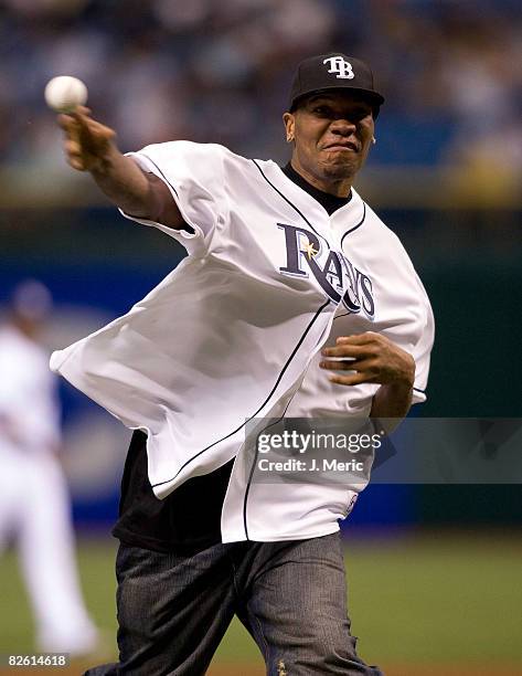 Phildelphia 76ers NBA draftee Marreese Speights throws out the first pitch before the game between the Tampa Bay Rays and the Baltimore Orioles on...