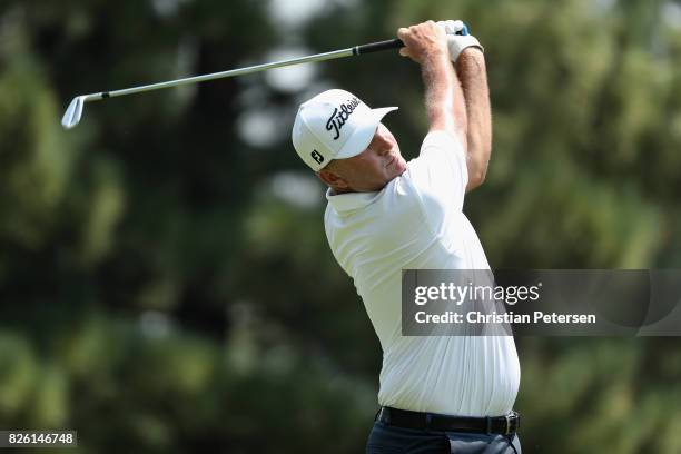 Bill Lunde plays his shot from the third tee during the first round of the Barracuda Championship at Montreux Country Club on August 3, 2017 in Reno,...