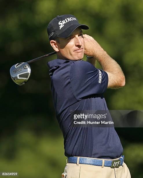 Jim Furyk hits his tee shot on the 14th hole during the third round of the Deutsche Bank Championship at TPC Boston on August 31, 2008 in Norton,...