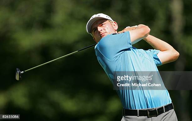 John Merrick hits his drive on the fourth hole during the third round of the Deutsche Bank Championship at TPC of Boston held on August 31, 2008 in...