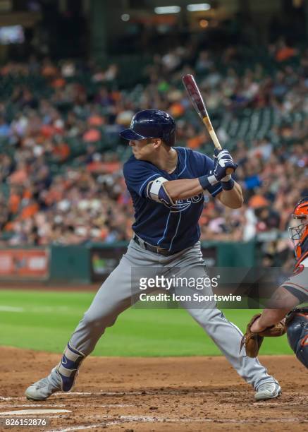 Tampa Bay Rays left fielder Corey Dickerson grounded out to shortstop in the third inning of the MLB game between the Tampa Bay Rays and Houston...