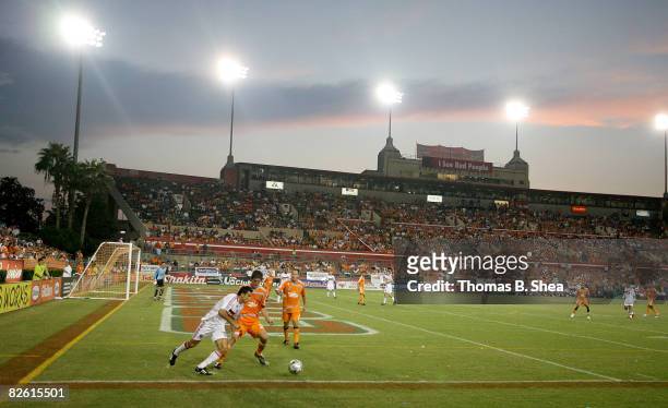 Bobby Boswell of the Houston Dynamo plays defense against Brandon Prideaux of the Chicago Fire on August 31, 2008 at Robertson Stadium in Houston,...