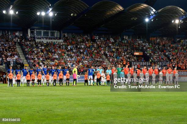 Both treams line up before the UEFA Europa League Qualifier match between MFK Ruzomberok and Everton on August 3, 2017 in Ruzomberok, Slovakia.