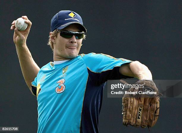 Shane Watson of Australia goes through a fielding drill during an Australian nets session at TIO Stadium on September 1, 2008 in Darwin, Australia.