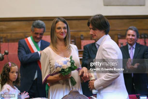 Actress Asia Argento and director Michele Civetta attend the wedding of Asia Argento and Michele Civetta/ gets married on August 27, 2008 in Arezzo,...