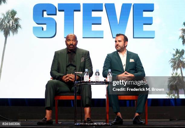 Host/executive producer Steve Harvey and executive producer Shane Farley of 'STEVE' speak onstage during the NBCUniversal portion of the 2017 Summer...
