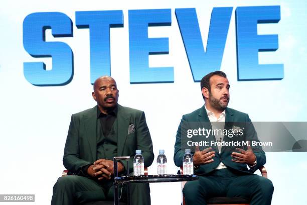 Host/executive producer Steve Harvey and executive producer Shane Farley of 'STEVE' speak onstage during the NBCUniversal portion of the 2017 Summer...