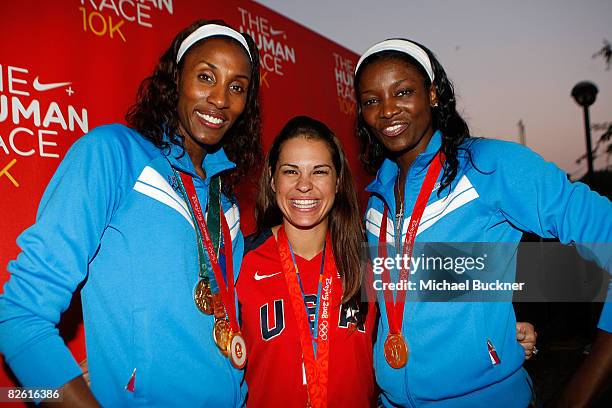 Olympians Lisa Leslie, Jessica Mendoza and DeLisha Milton-Jones attend the Nike+Human 10k race at the Los Angeles Coliseum on August 31, 2008 in Los...