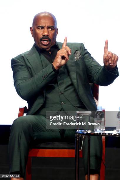 Host/executive producer Steve Harvey of 'STEVE' speaks onstage during the NBCUniversal portion of the 2017 Summer Television Critics Association...