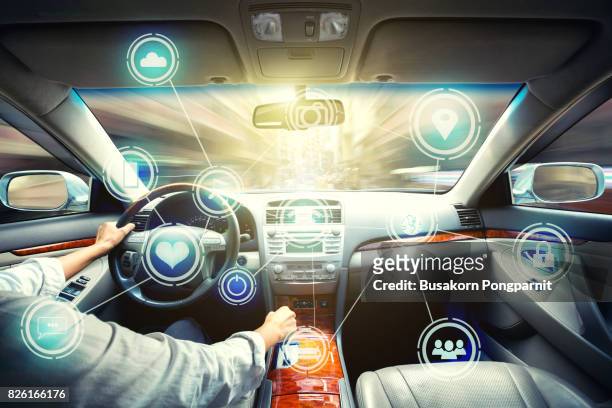 intelligent vehicle cockpit and wireless communication network concept - self driving car stock pictures, royalty-free photos & images