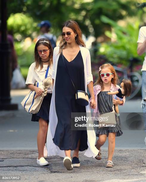 Jessica Alba and her daughters seen in Manhattan on August 3, 2017 in New York City.