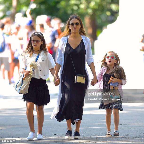 Jessica Alba and her daughters seen in Manhattan on August 3, 2017 in New York City.