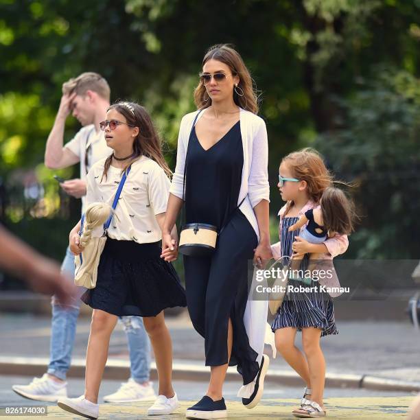 Jessica Alba and her daughters seen in Manhattan on August 3, 2017 in New York City.