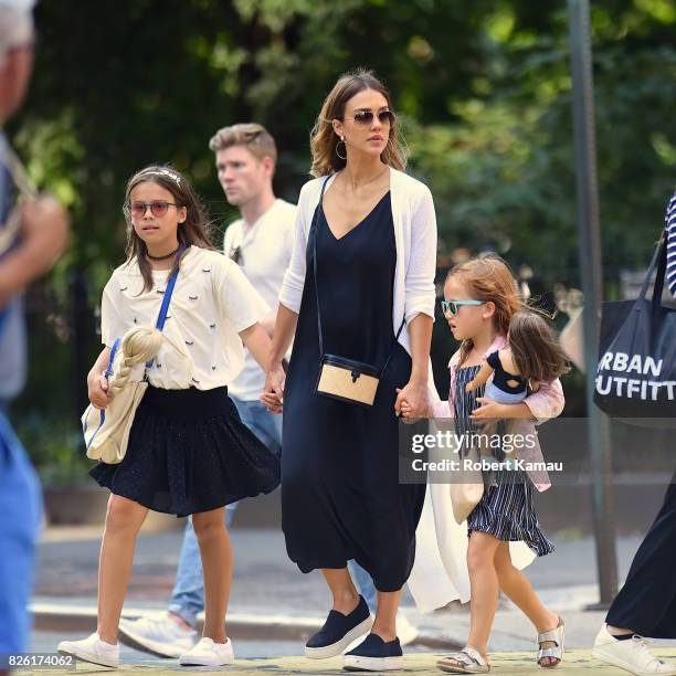 Jessica Alba and her daughters seen in Manhattan on August 3, 2017 in New York City.