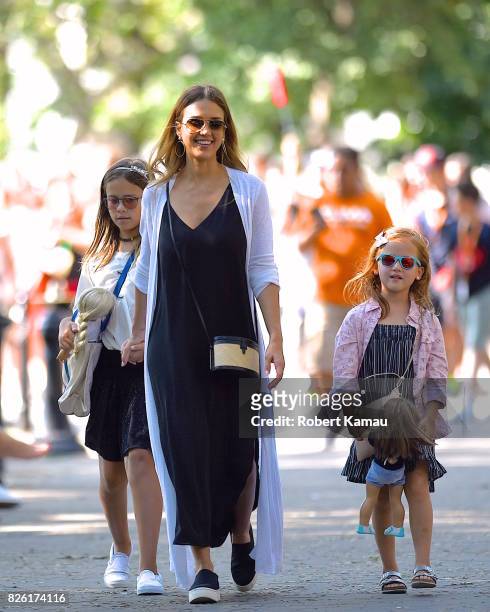 Jessica Alba and her daughters seen in Manhattan on August 3, 2017 in New York City.