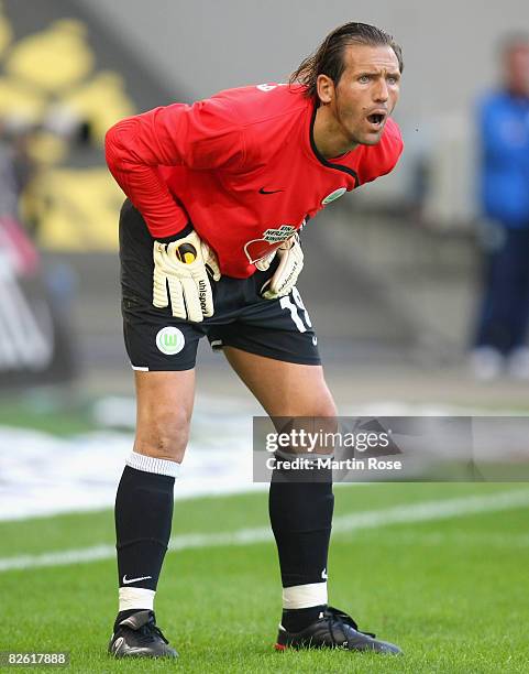 Andre Lenz, goalkeeper of Wolfsburg watches play during the Bundesliga match between VfL Wolfsburg and Eintracht Frankfurt at the Volkswagen Arena on...