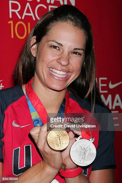Olympic softball player Jessica Mendoza attends the Nike+ Human Race at the Los Angeles Memorial Coliseum on August 31, 2008 in Los Angeles,...