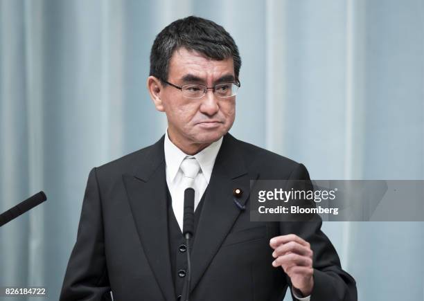 Taro Kono, newly-appointed foreign minister of Japan, speaks during a news conference at the Prime Minister's official residence in Tokyo, Japan, on...