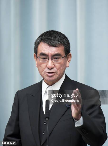 Taro Kono, newly-appointed foreign minister of Japan, speaks during a news conference at the Prime Minister's official residence in Tokyo, Japan, on...