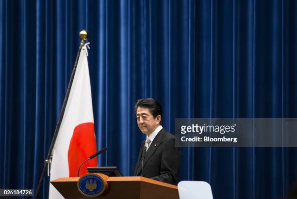 Shinzo Abe, Japan's prime minister, attends a news conference in Tokyo, Japan, on Thursday, Aug. 3, 2017. Abe reshuffled his ministers and party...