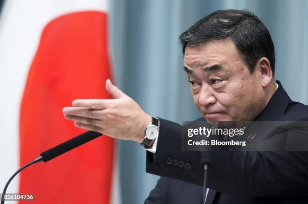 Hiroshi Kajiyama, newly-appointed regional revitalization minister of Japan, speaks during a news conference at the Prime Minister's official...