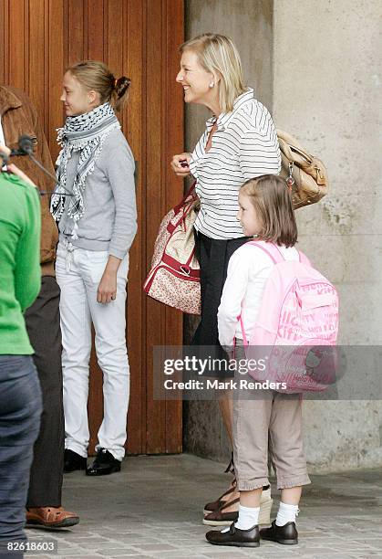 Princess Louise Maria, Princess Astrid and Princess Laetitia Maria of Belgium arrive at Sint Jan Berchmans College to attend first day of school on...