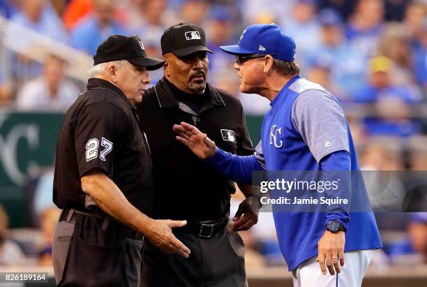 Manager Ned Yost of the Kansas City Royals argues with home plate umpire Larry Vanover before being ejected during the 4th inning of the game against...