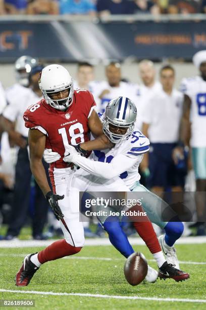 Chidobe Awuzie of the Dallas Cowboys breaks up a pass intended for Marquis Bundy of the Arizona Cardinals in the second quarter of the NFL Hall of...