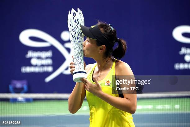 Chinese tennis player Peng Shuai wins the 2017 Jiangxi Open championship by defeating Japanese tennis player Nao Hibino with 6-3 and 6-2 in Nanchang...