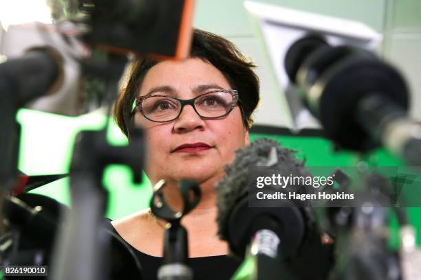 Metiria Turei speaks during a press conference on August 4, 2017 in Wellington, New Zealand. The Green Party co-leader came under fire following her...