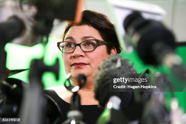 Metiria Turei speaks during a press conference on August 4, 2017 in Wellington, New Zealand. The Green Party co-leader came under fire following her...