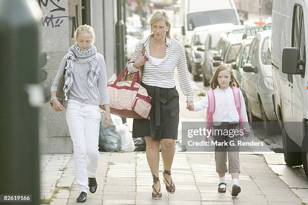 Princess Louise Maria of Belgium, Princess Astrid of Belgium and Princess Laetitia Maria of Belgium arrive at Sint Jan Berchmans College to attend...