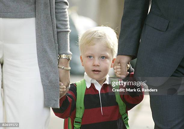 Prince Emmanuel of Belgium arrives at Sint Jan Berchmans College to attend his first day of school on September 01, 2008 in Brussels, Belgium.